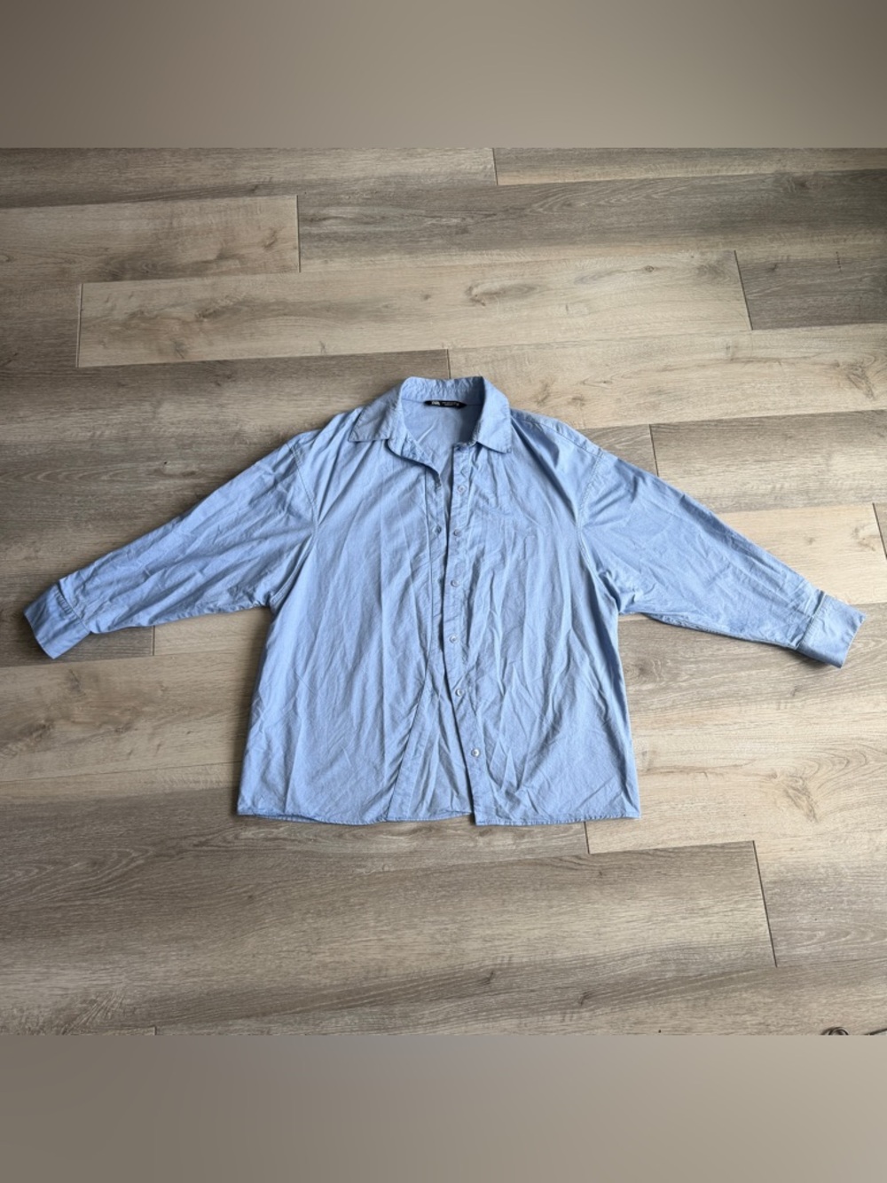 Zara asymmetrical buttons long sleeve drop shoulder cotton blue shirt M chic